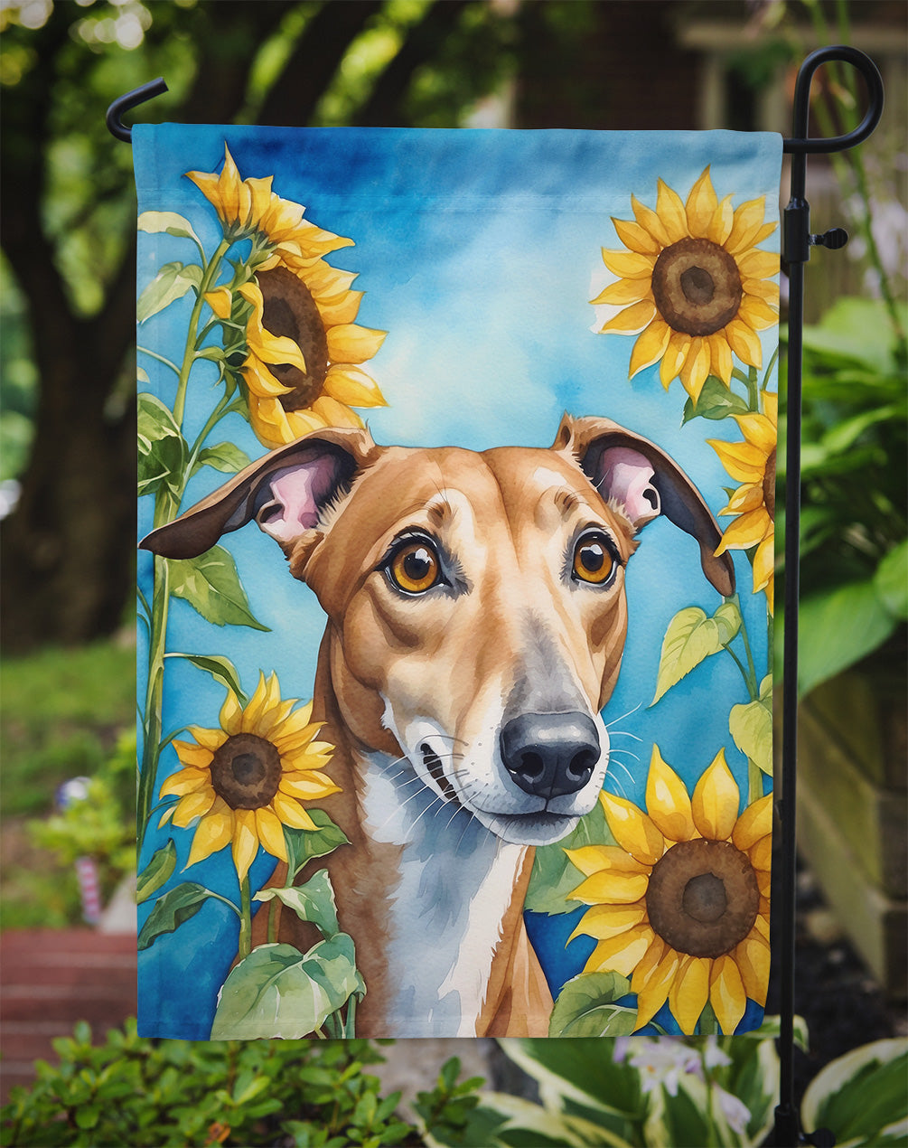 Greyhound in Sunflowers Garden Flag