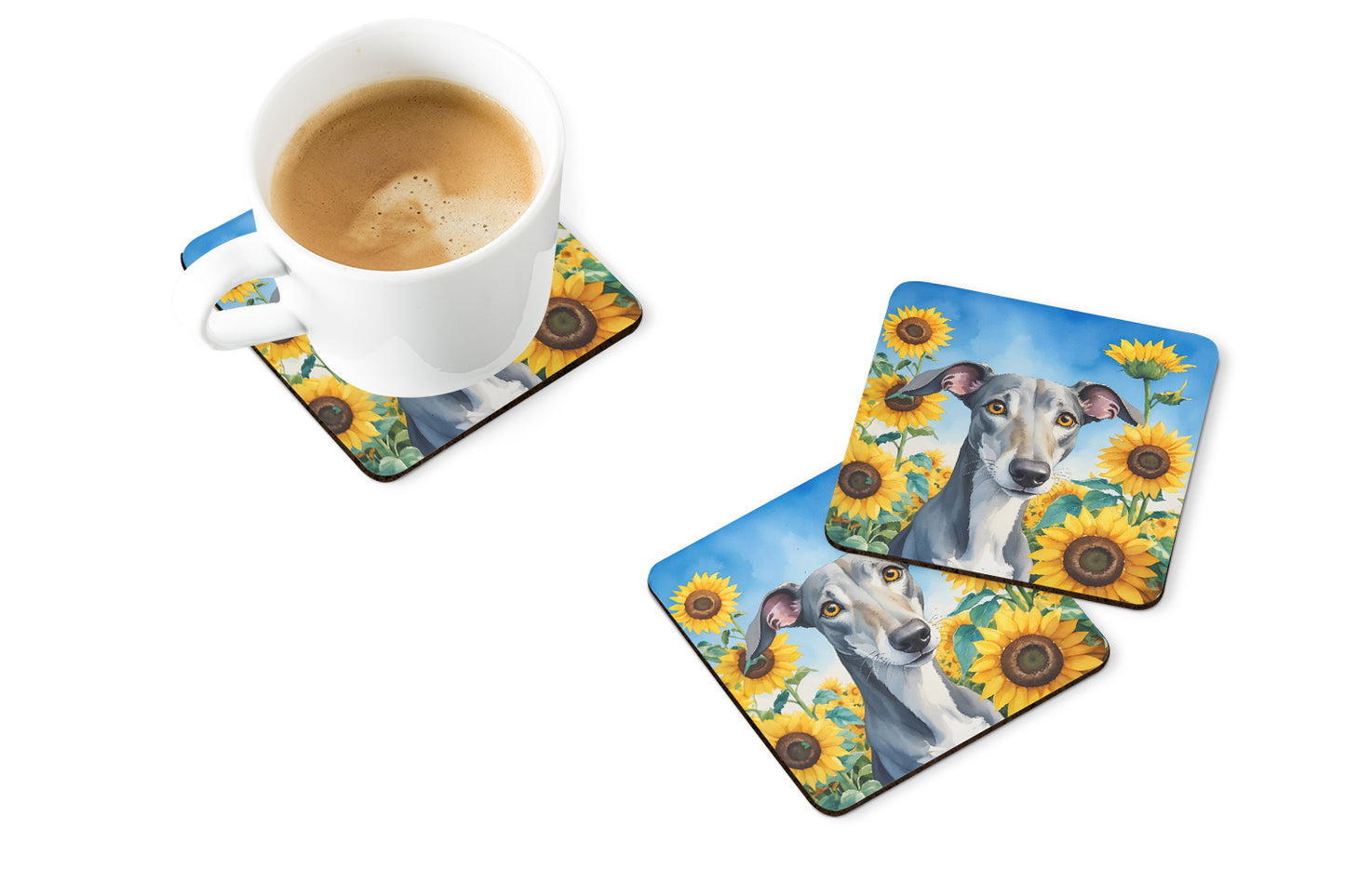 Greyhound in Sunflowers Foam Coasters