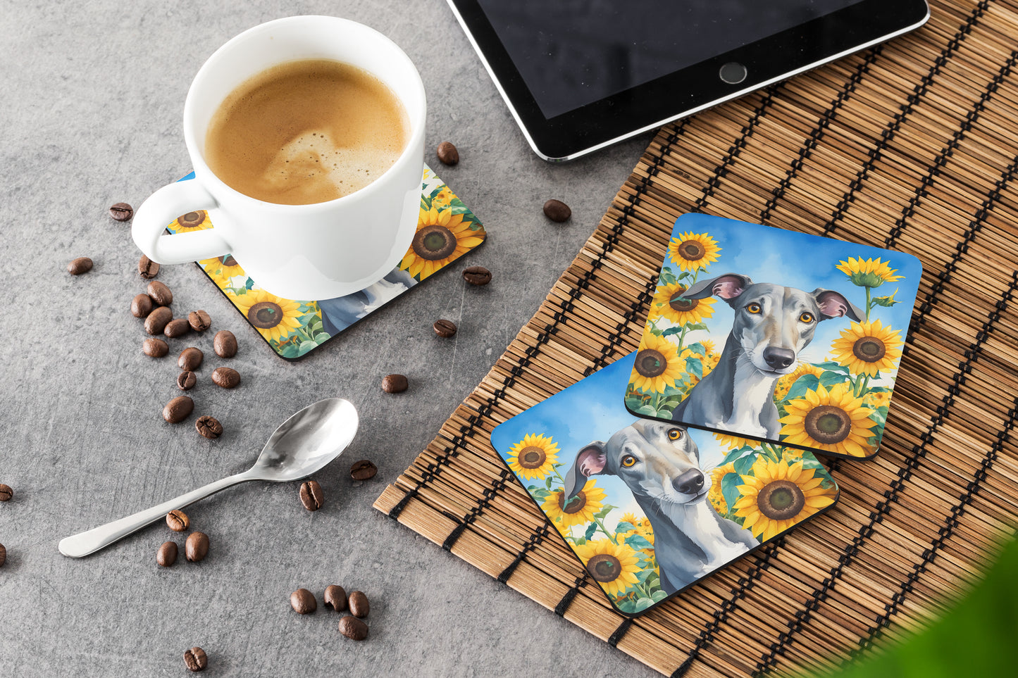 Greyhound in Sunflowers Foam Coasters