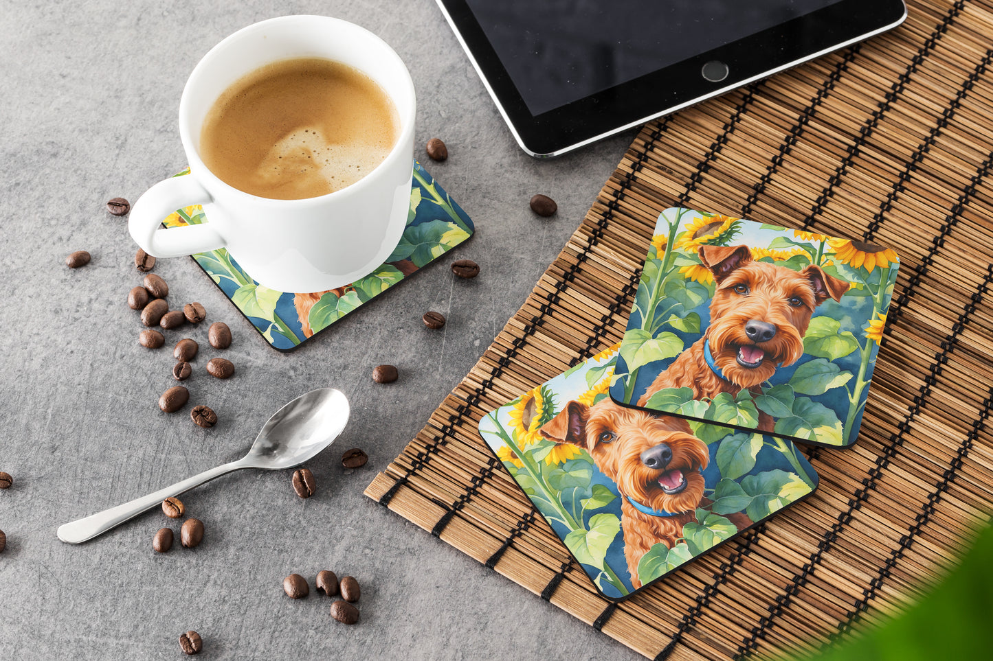 Irish Terrier in Sunflowers Foam Coasters