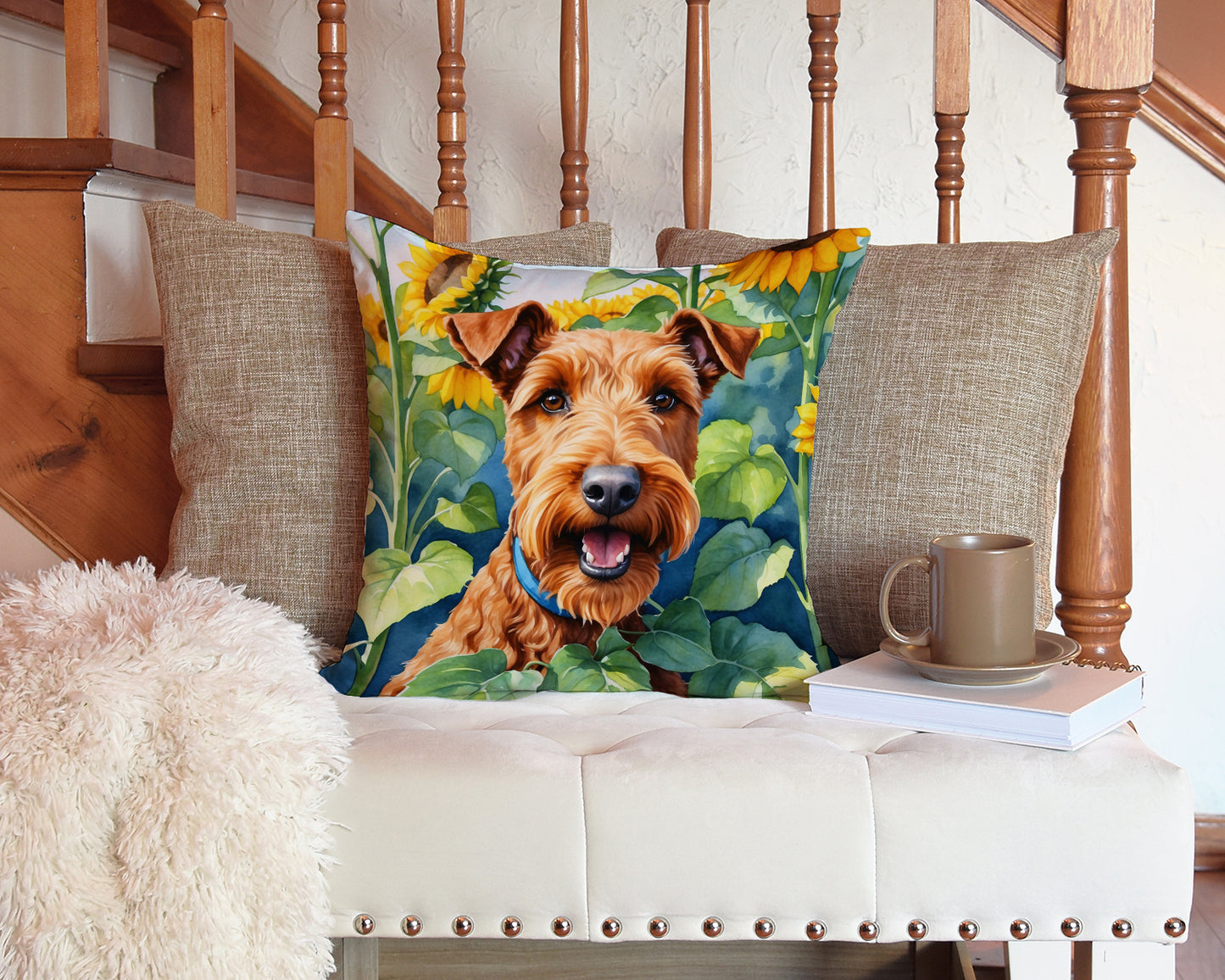 Irish Terrier in Sunflowers Throw Pillow