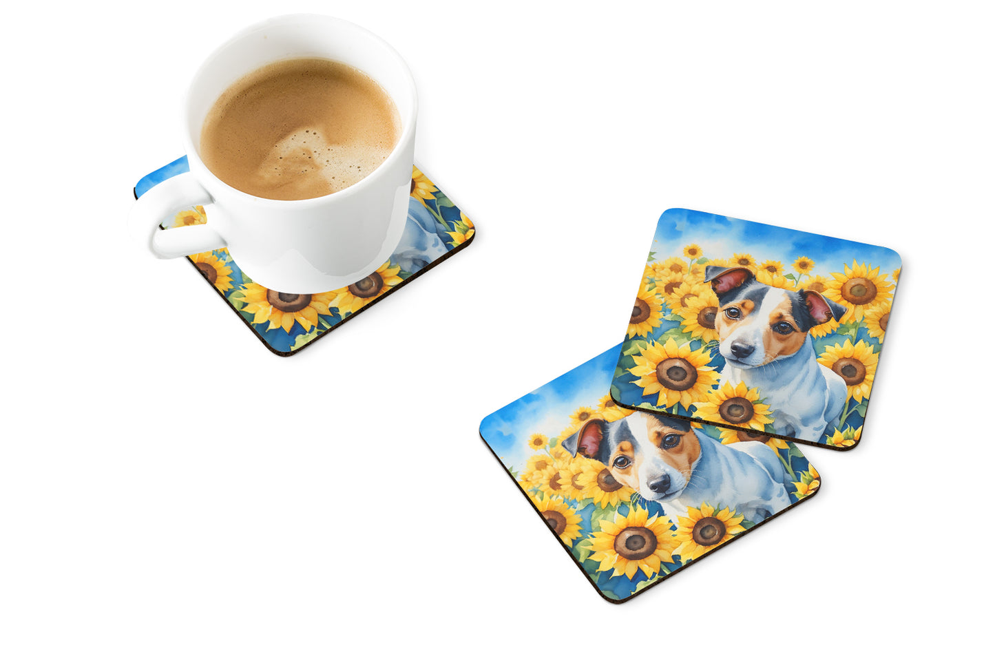 Jack Russell Terrier in Sunflowers Foam Coasters