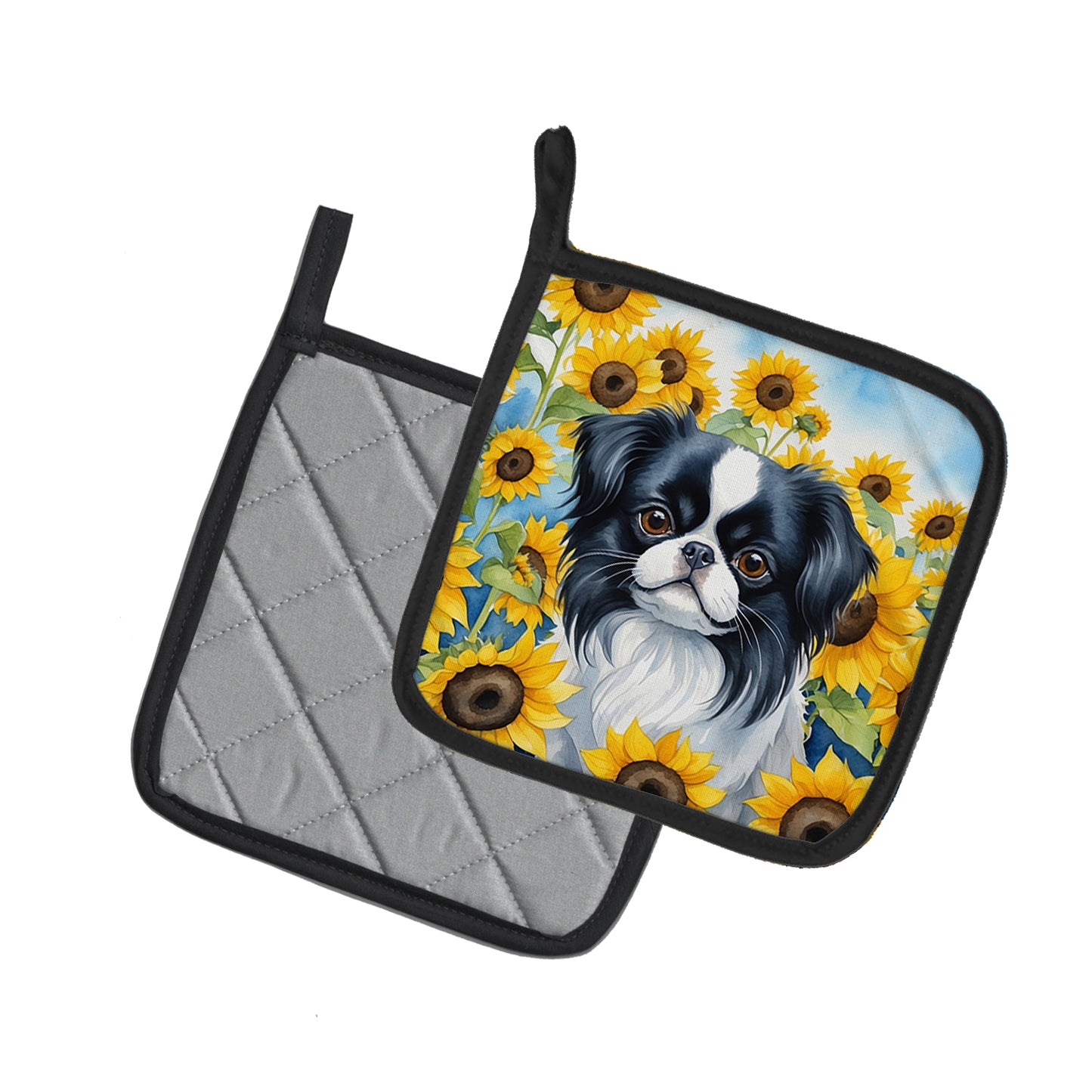 Japanese Chin in Sunflowers Pair of Pot Holders