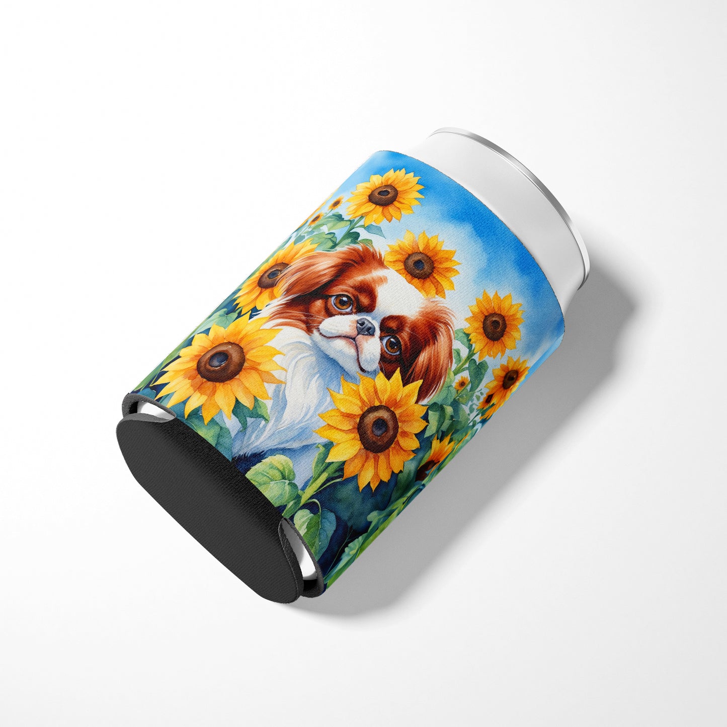 Japanese Chin in Sunflowers Can or Bottle Hugger