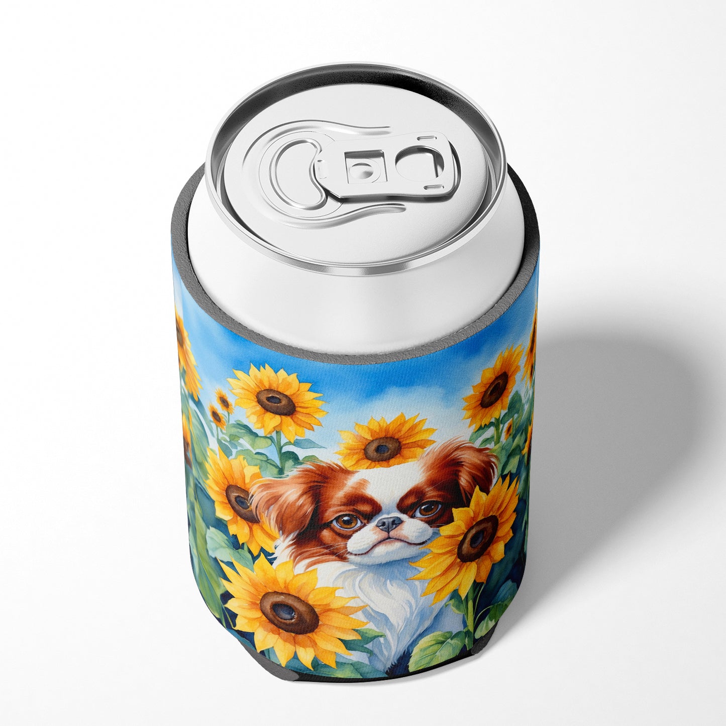 Japanese Chin in Sunflowers Can or Bottle Hugger