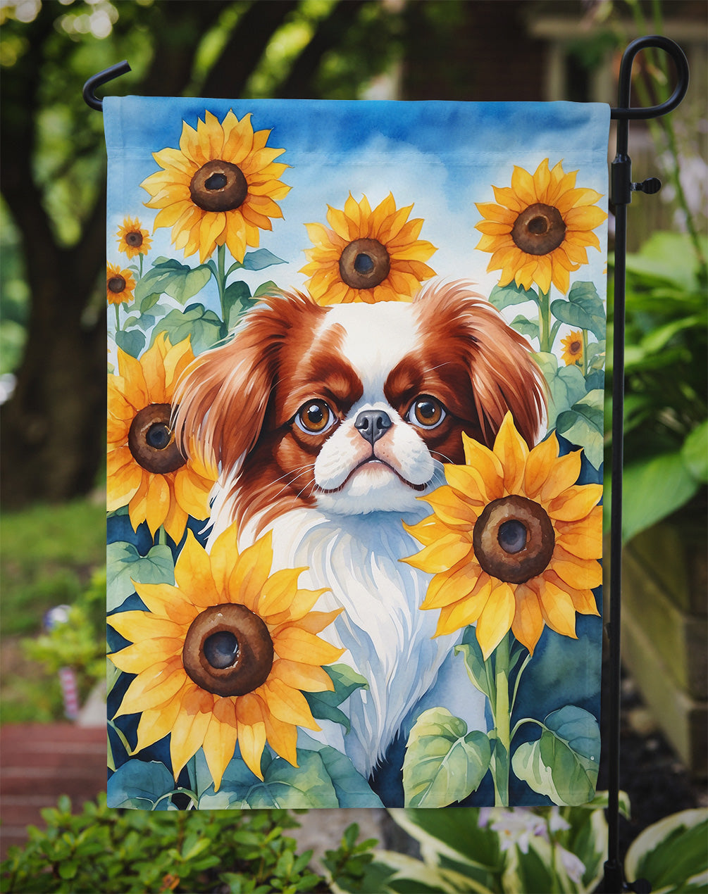 Japanese Chin in Sunflowers Garden Flag