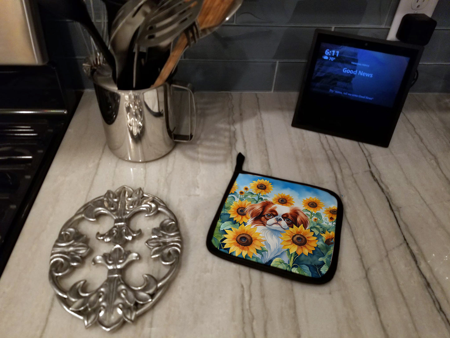 Japanese Chin in Sunflowers Pair of Pot Holders