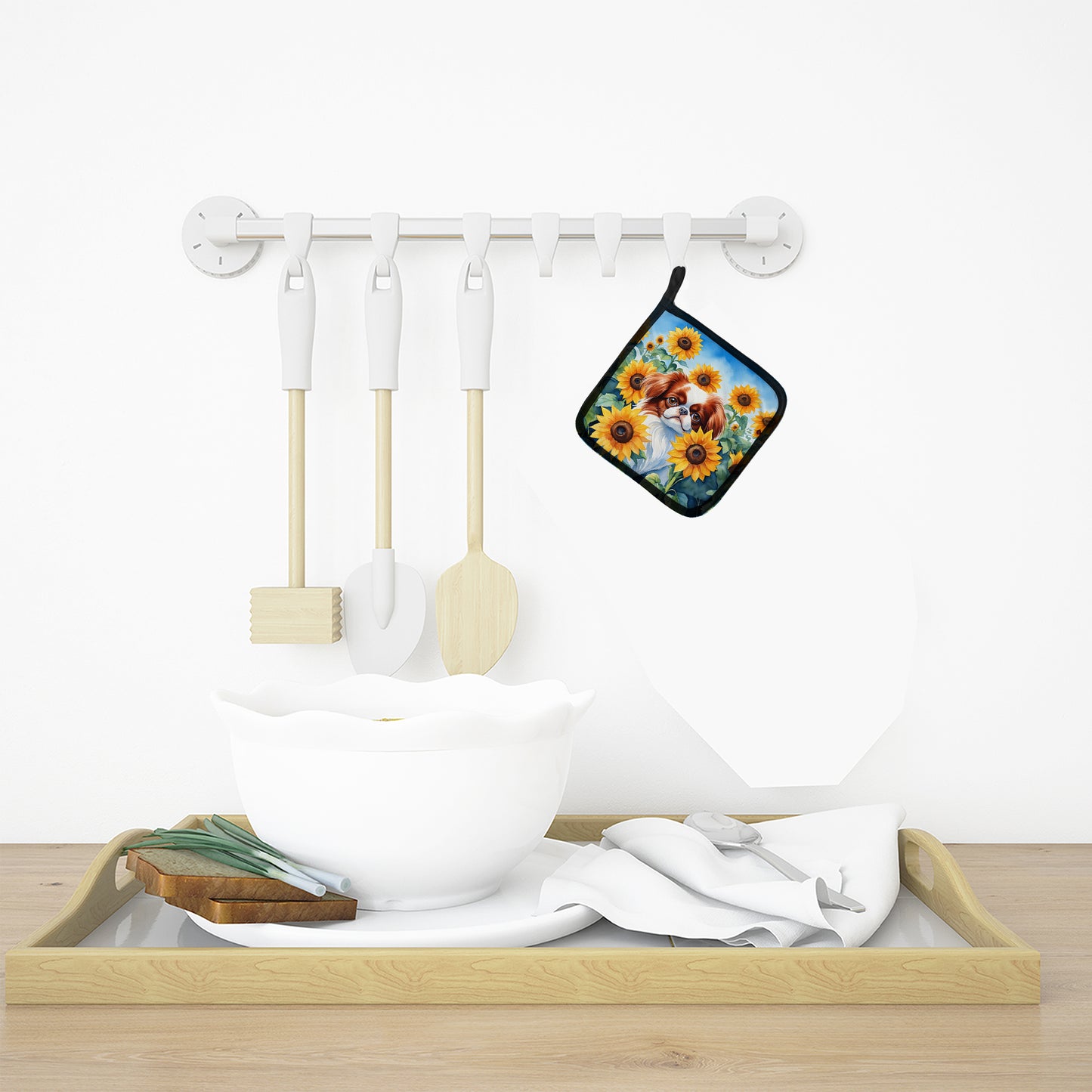 Japanese Chin in Sunflowers Pair of Pot Holders