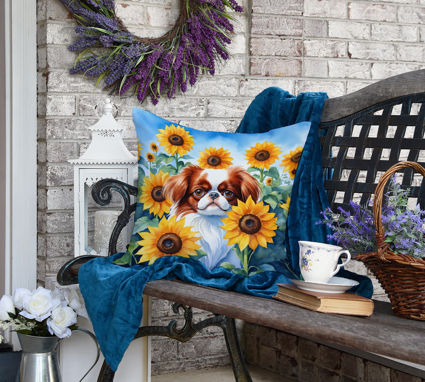 Japanese Chin in Sunflowers Throw Pillow