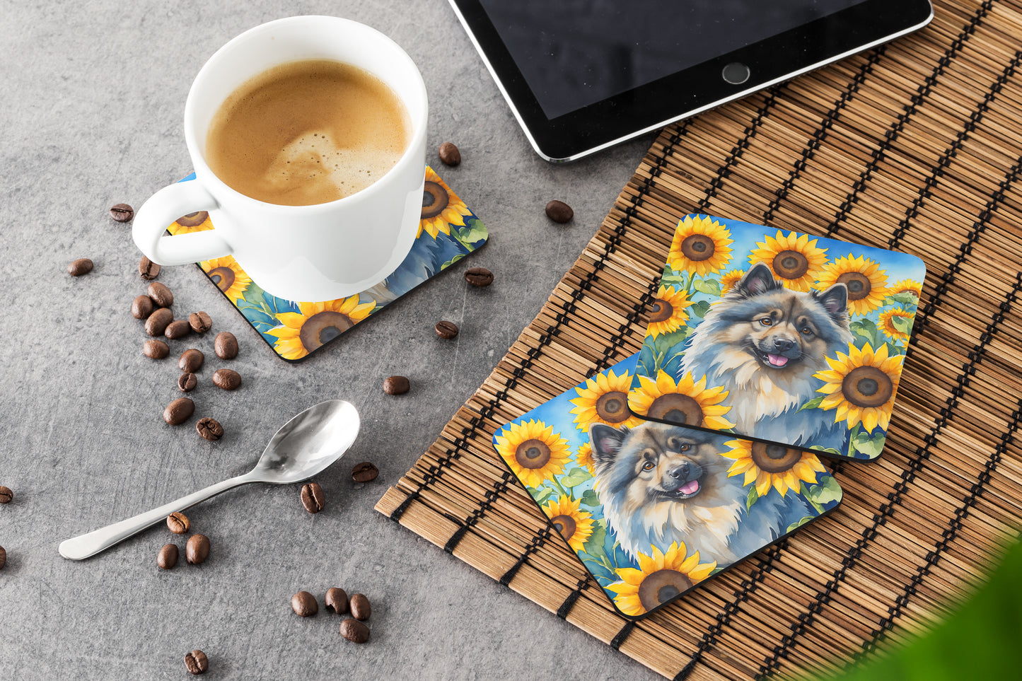 Keeshond in Sunflowers Foam Coasters