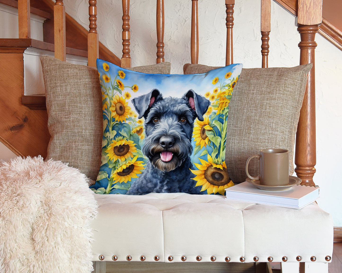 Kerry Blue Terrier in Sunflowers Throw Pillow