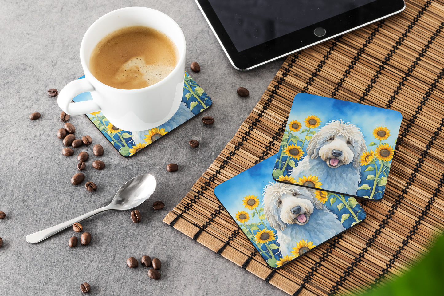 Komondor in Sunflowers Foam Coasters