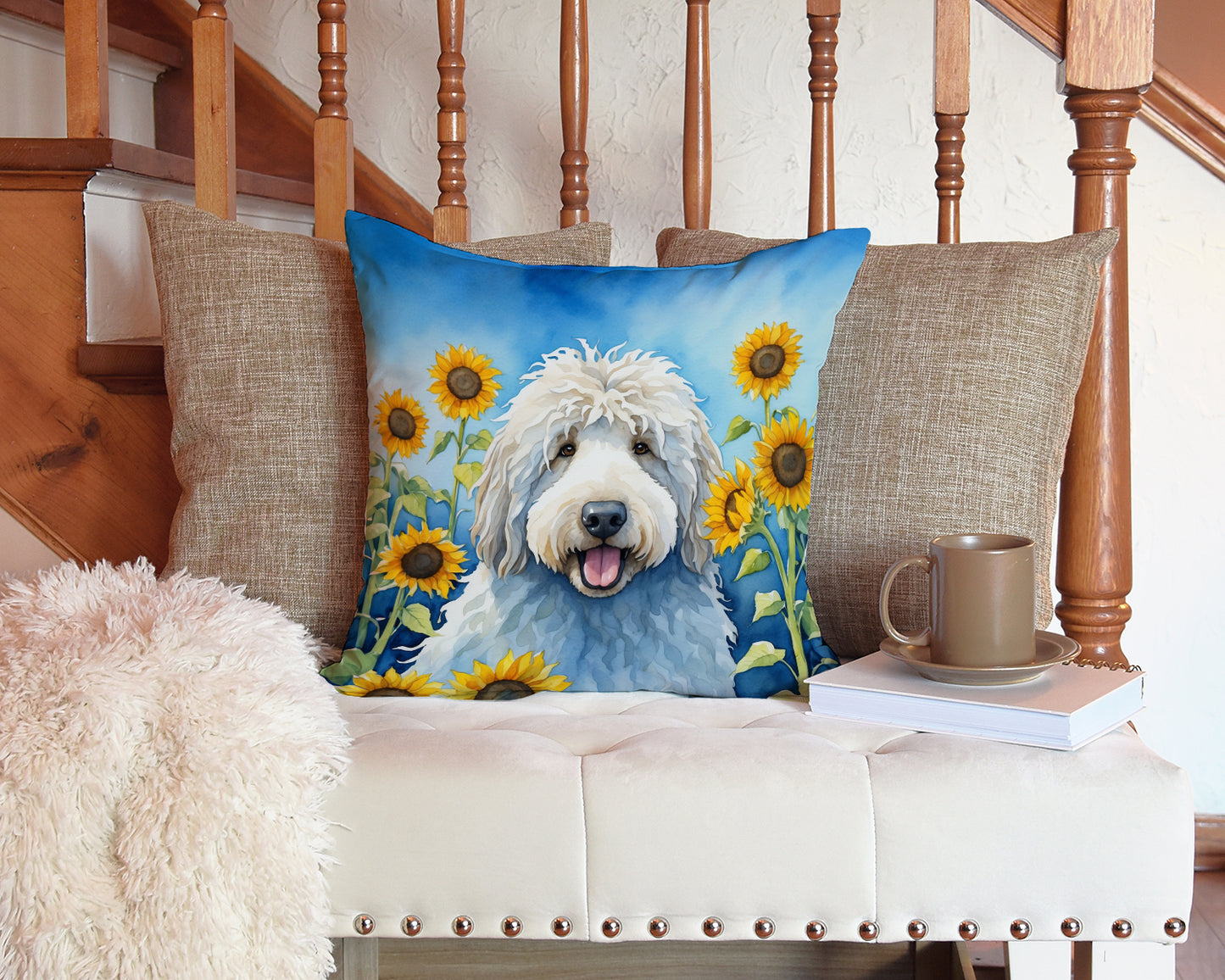 Komondor in Sunflowers Throw Pillow