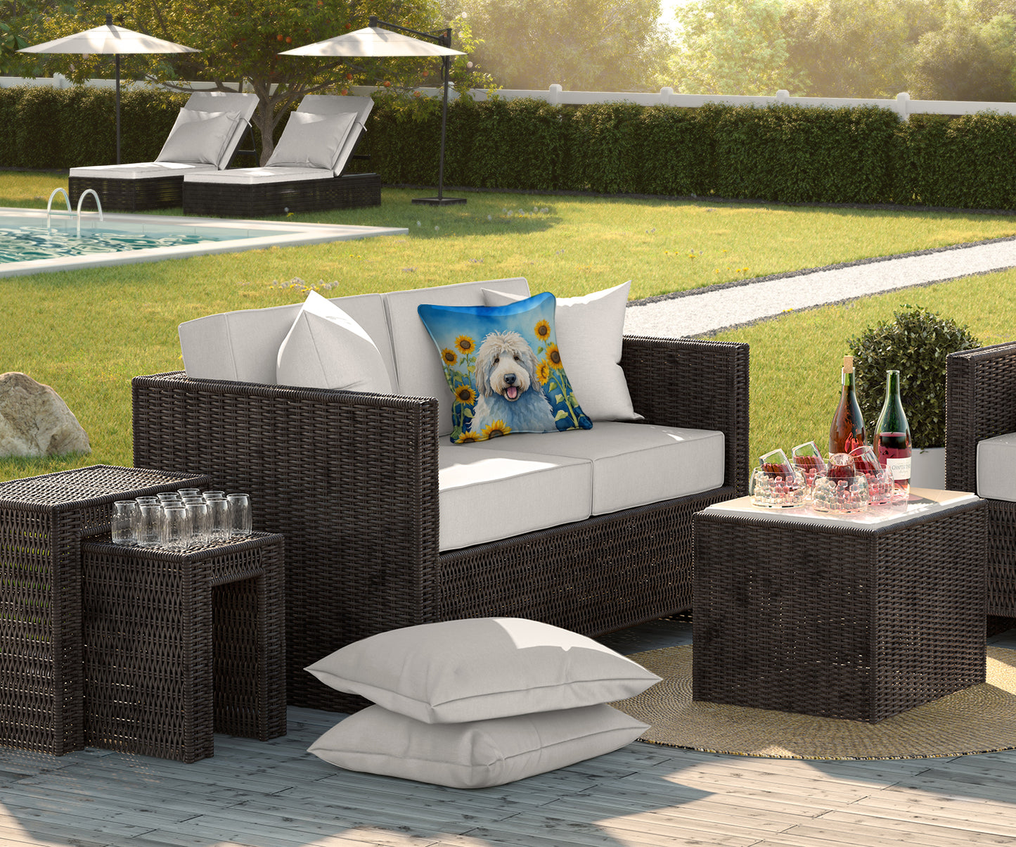 Komondor in Sunflowers Throw Pillow