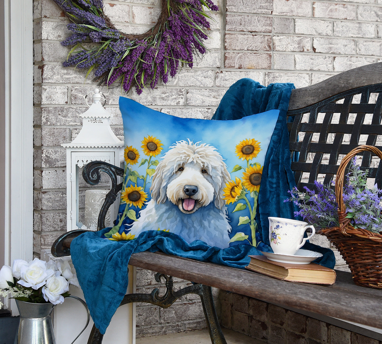 Komondor in Sunflowers Throw Pillow