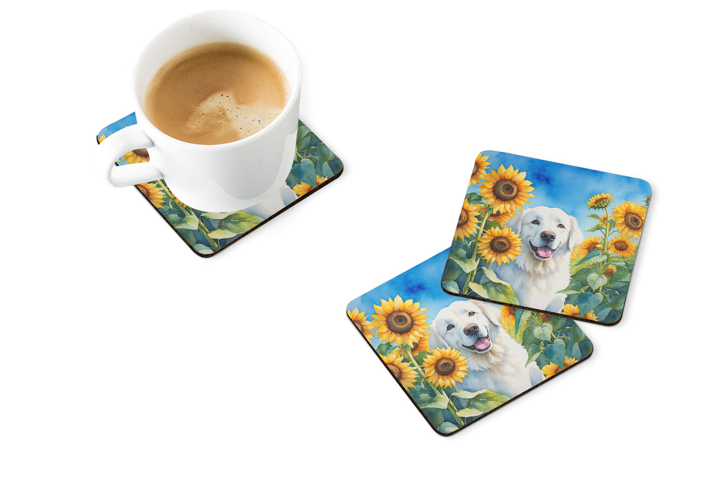 Kuvasz in Sunflowers Foam Coasters