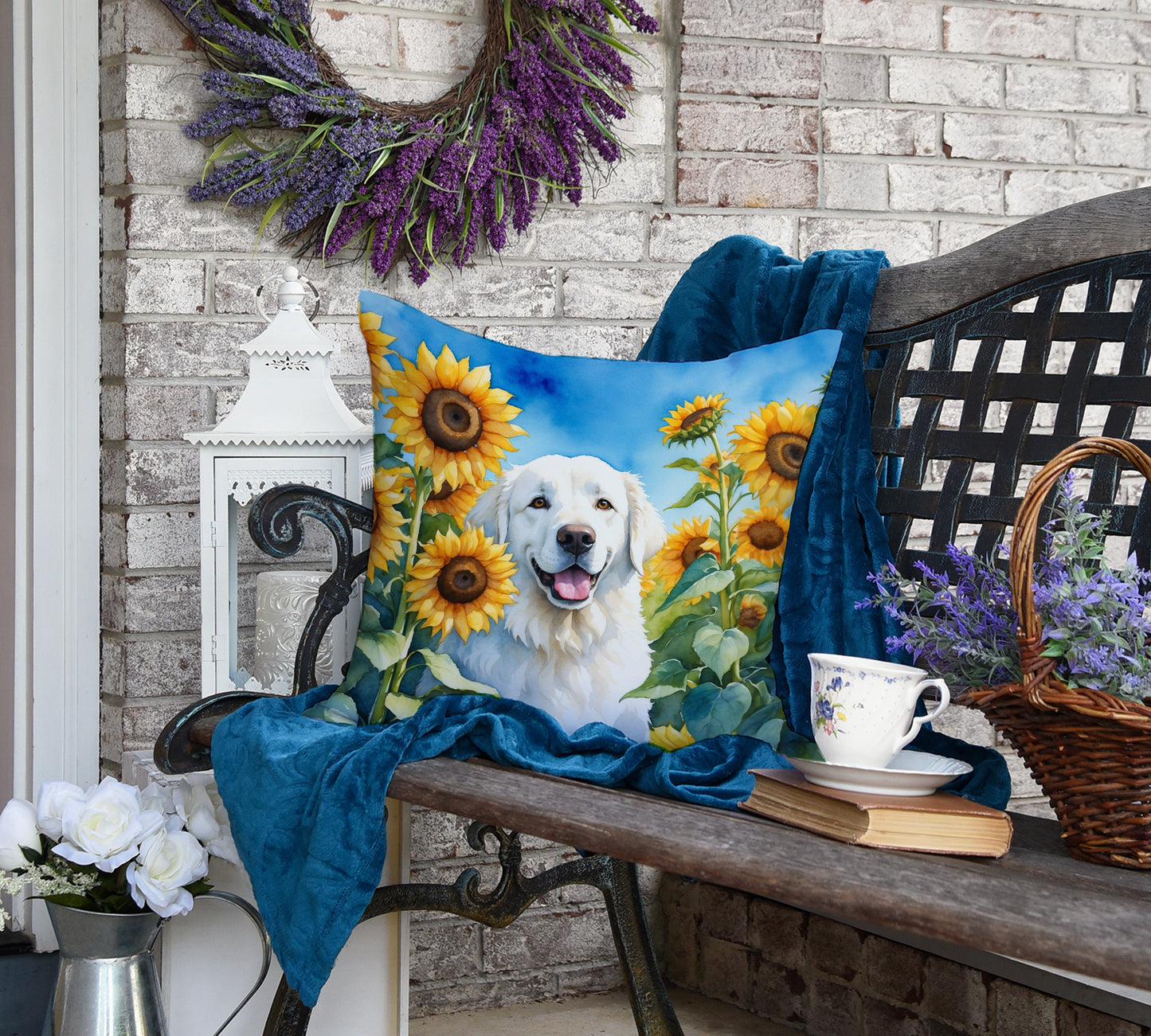 Kuvasz in Sunflowers Throw Pillow