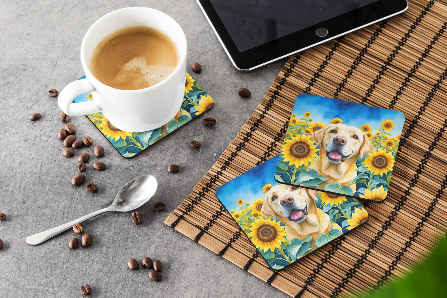 Labrador Retriever in Sunflowers Foam Coasters