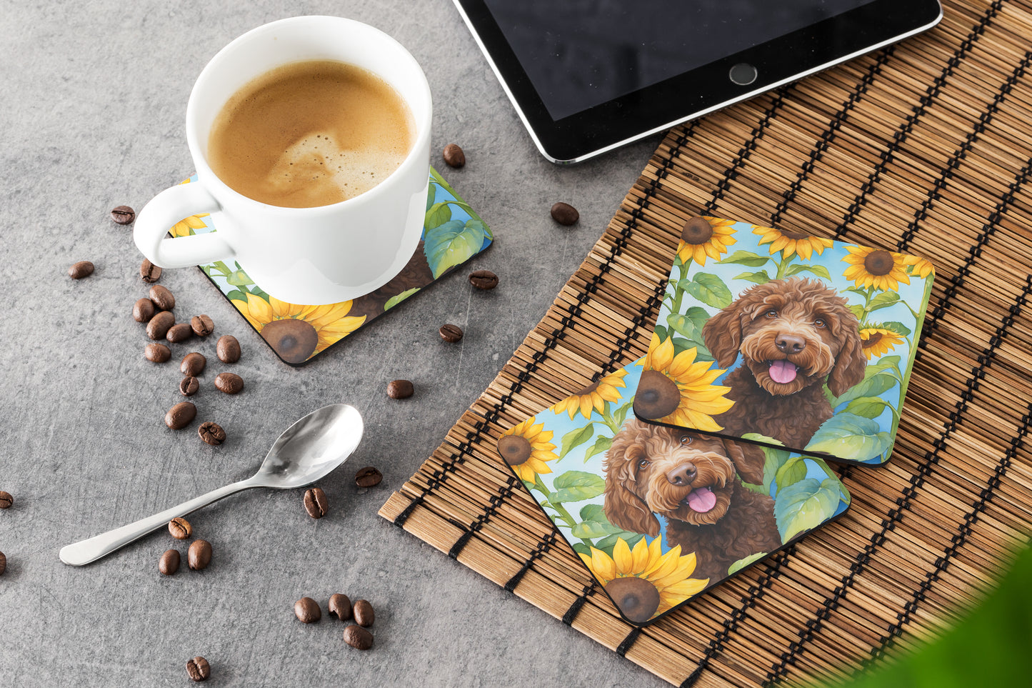 Labradoodle in Sunflowers Foam Coasters