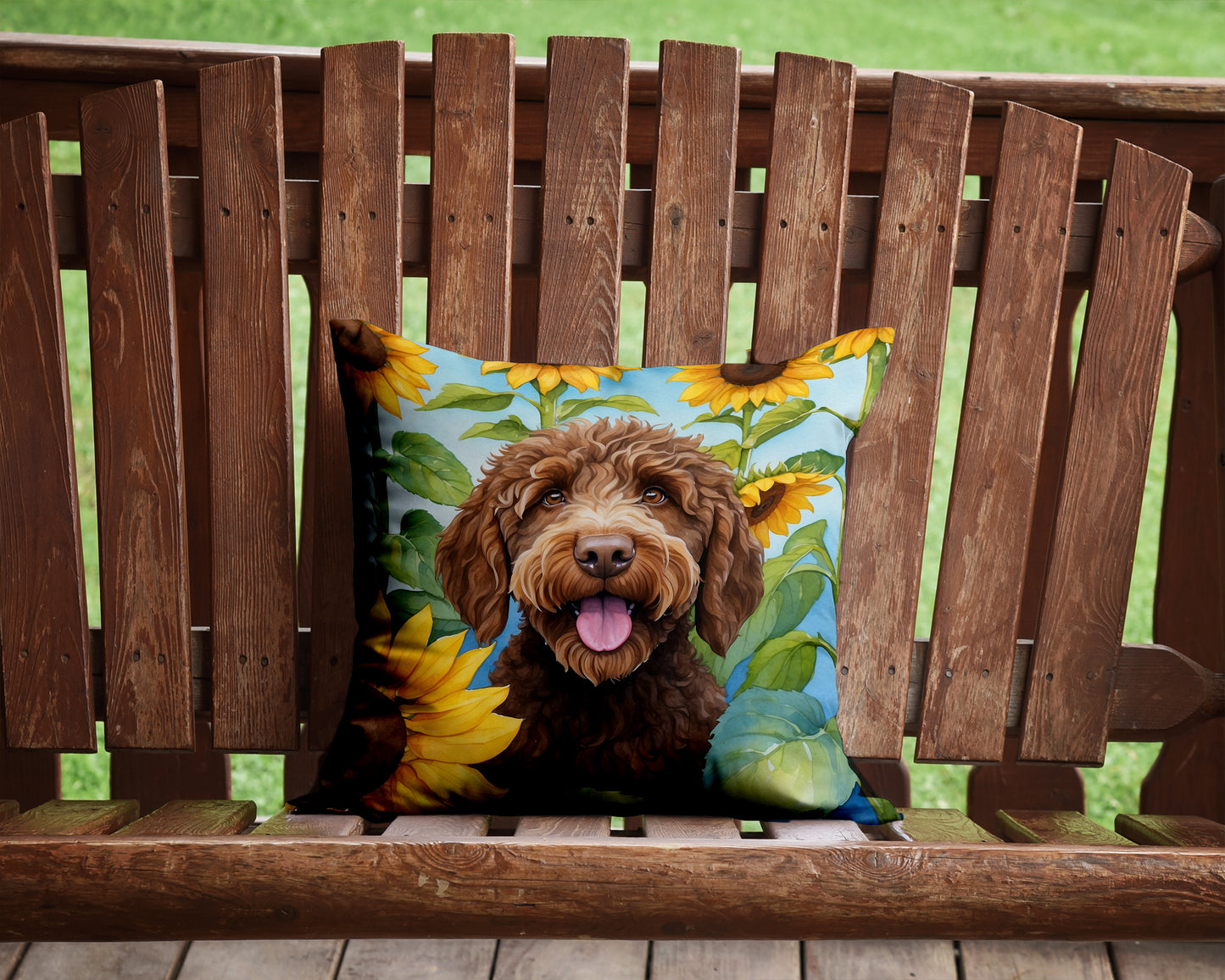 Labradoodle in Sunflowers Throw Pillow