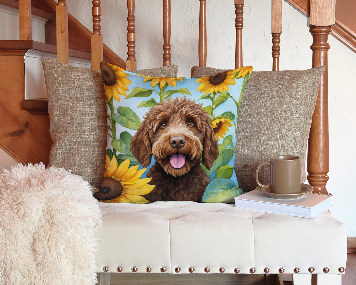 Labradoodle in Sunflowers Throw Pillow