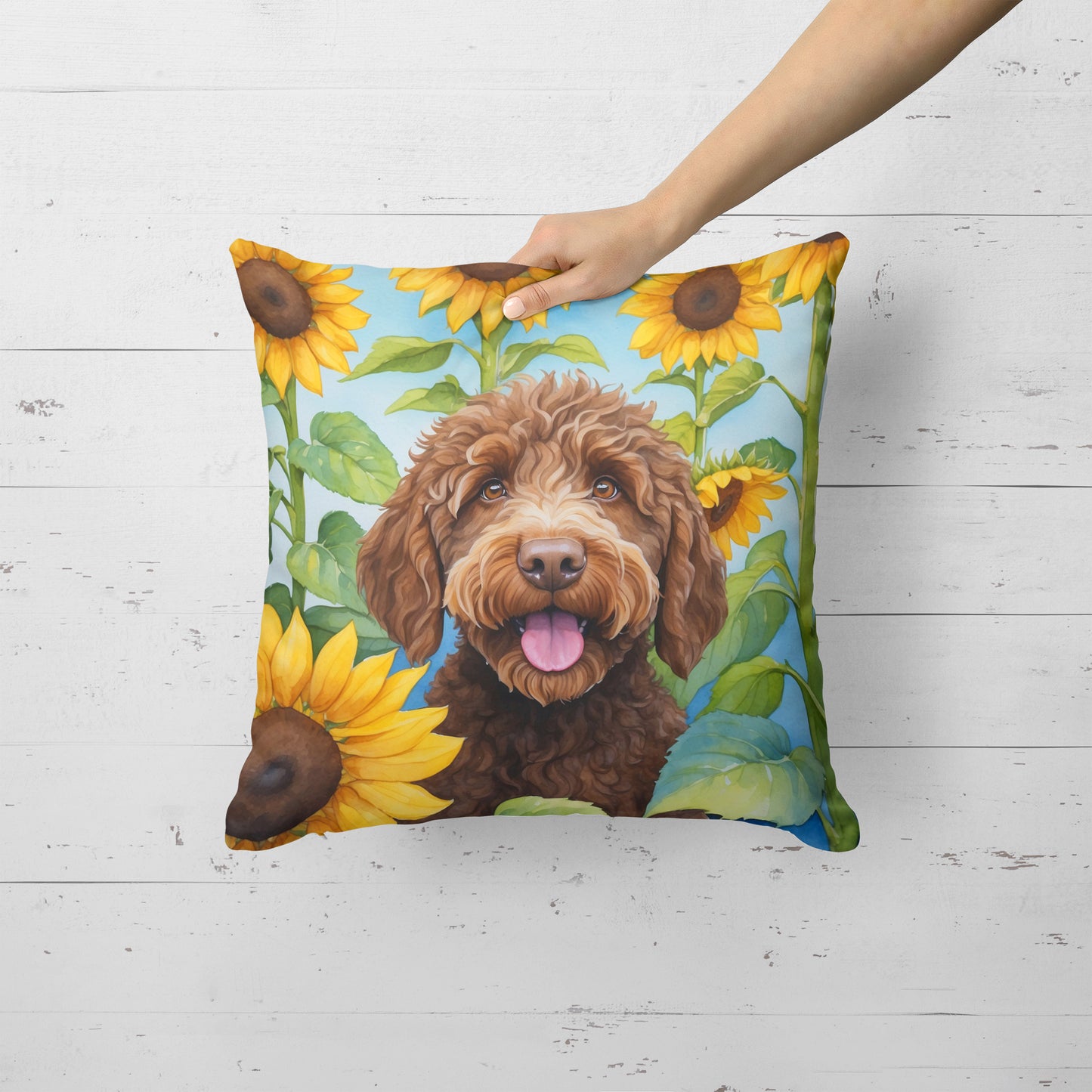 Labradoodle in Sunflowers Throw Pillow