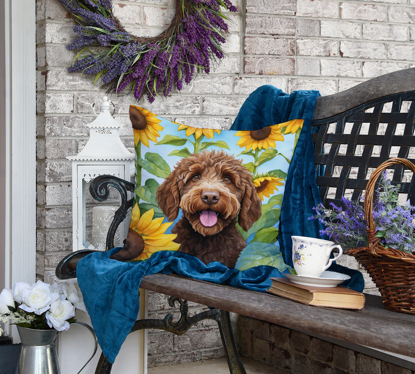 Labradoodle in Sunflowers Throw Pillow