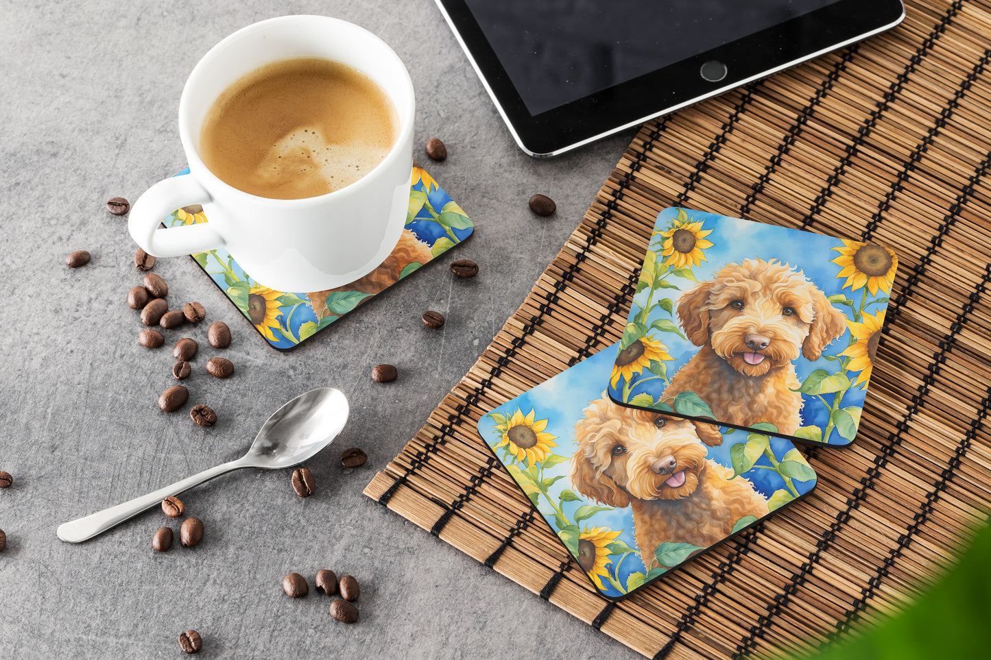 Labradoodle in Sunflowers Foam Coasters