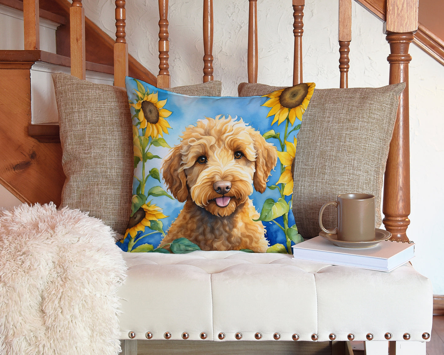 Labradoodle in Sunflowers Throw Pillow