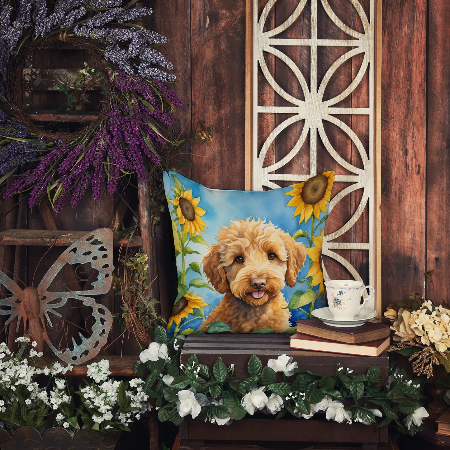 Labradoodle in Sunflowers Throw Pillow