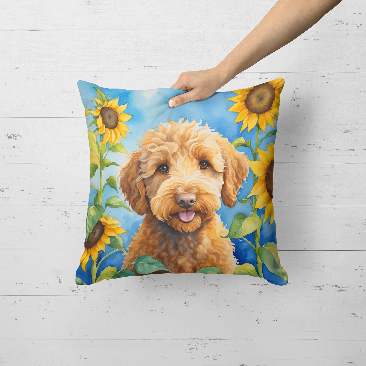 Labradoodle in Sunflowers Throw Pillow