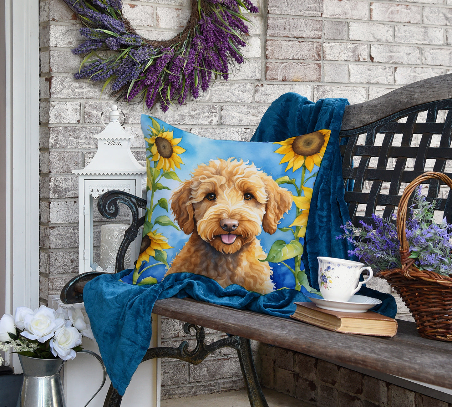 Labradoodle in Sunflowers Throw Pillow