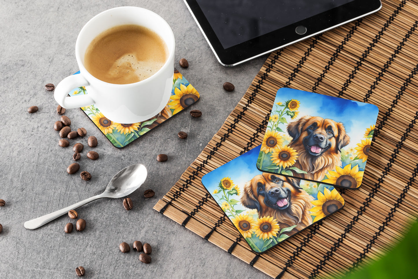 Leonberger in Sunflowers Foam Coasters