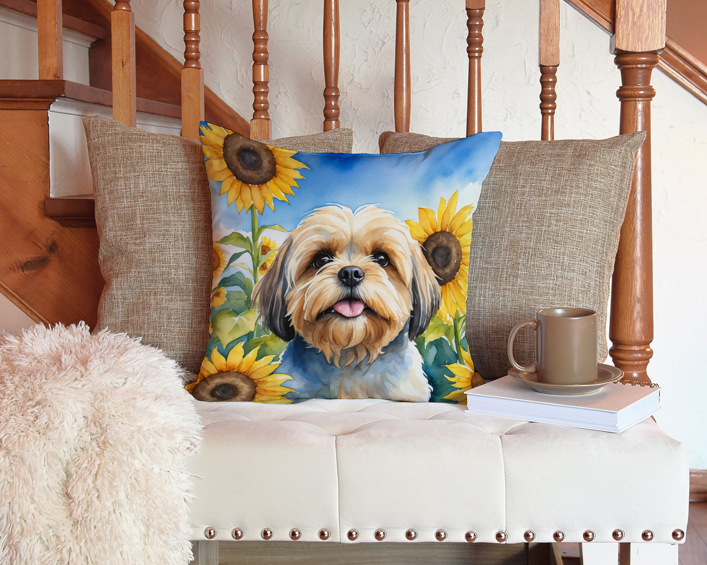 Lhasa Apso in Sunflowers Throw Pillow