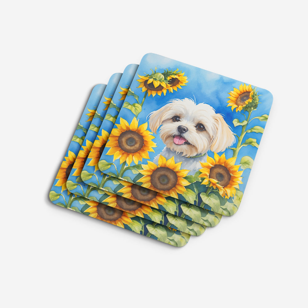 Maltese in Sunflowers Foam Coasters