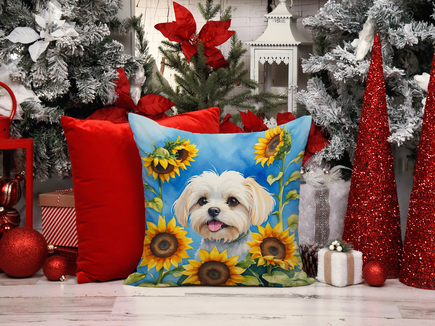 Maltese in Sunflowers Throw Pillow