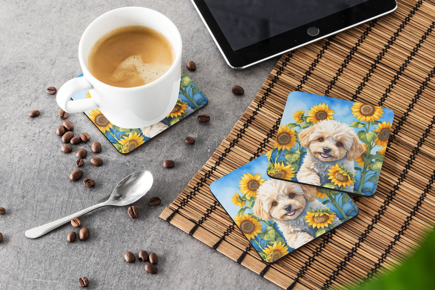 Maltipoo in Sunflowers Foam Coasters