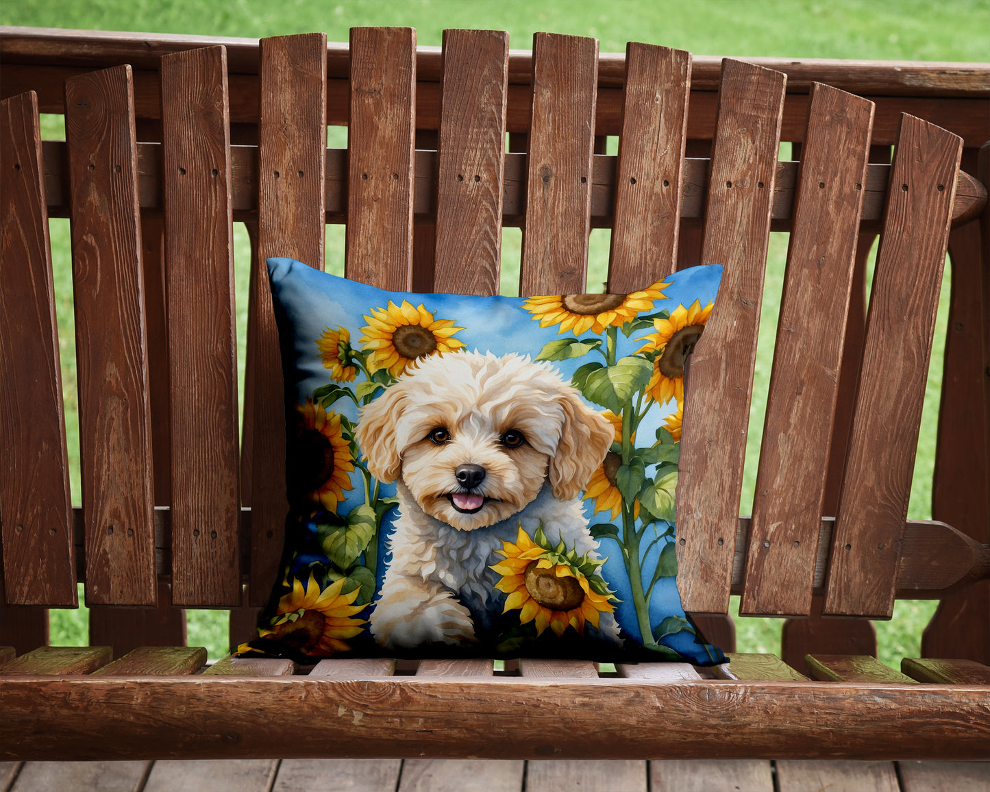 Maltipoo in Sunflowers Throw Pillow