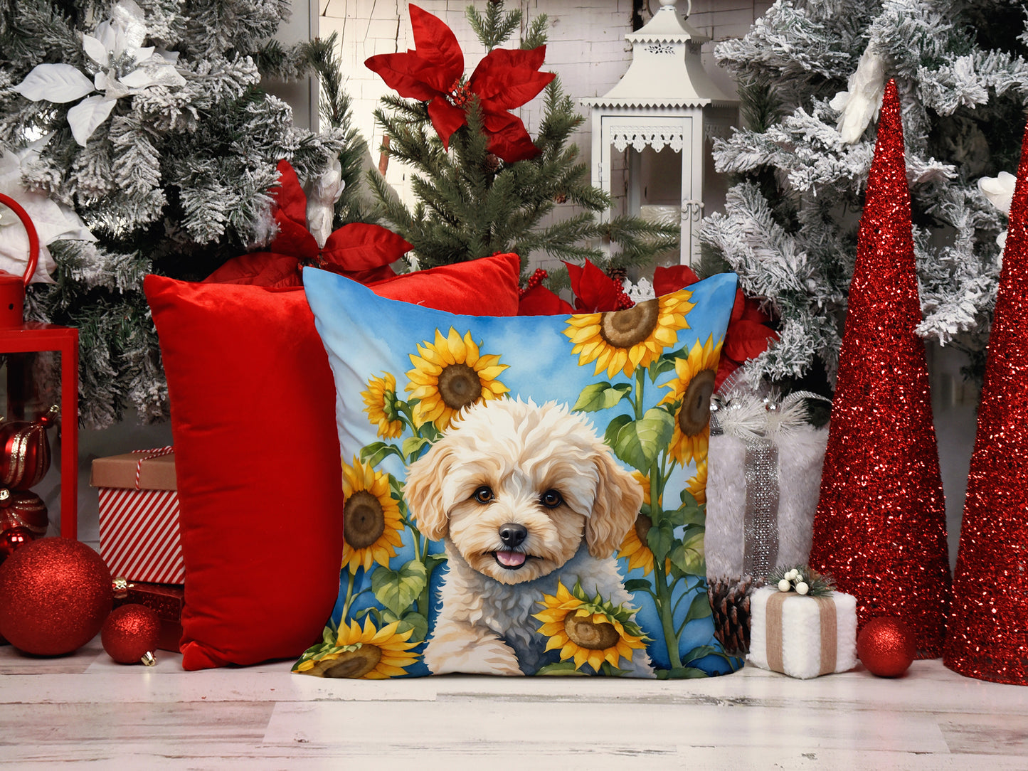 Maltipoo in Sunflowers Throw Pillow