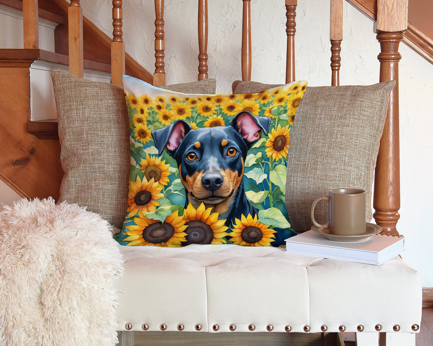 Manchester Terrier in Sunflowers Throw Pillow