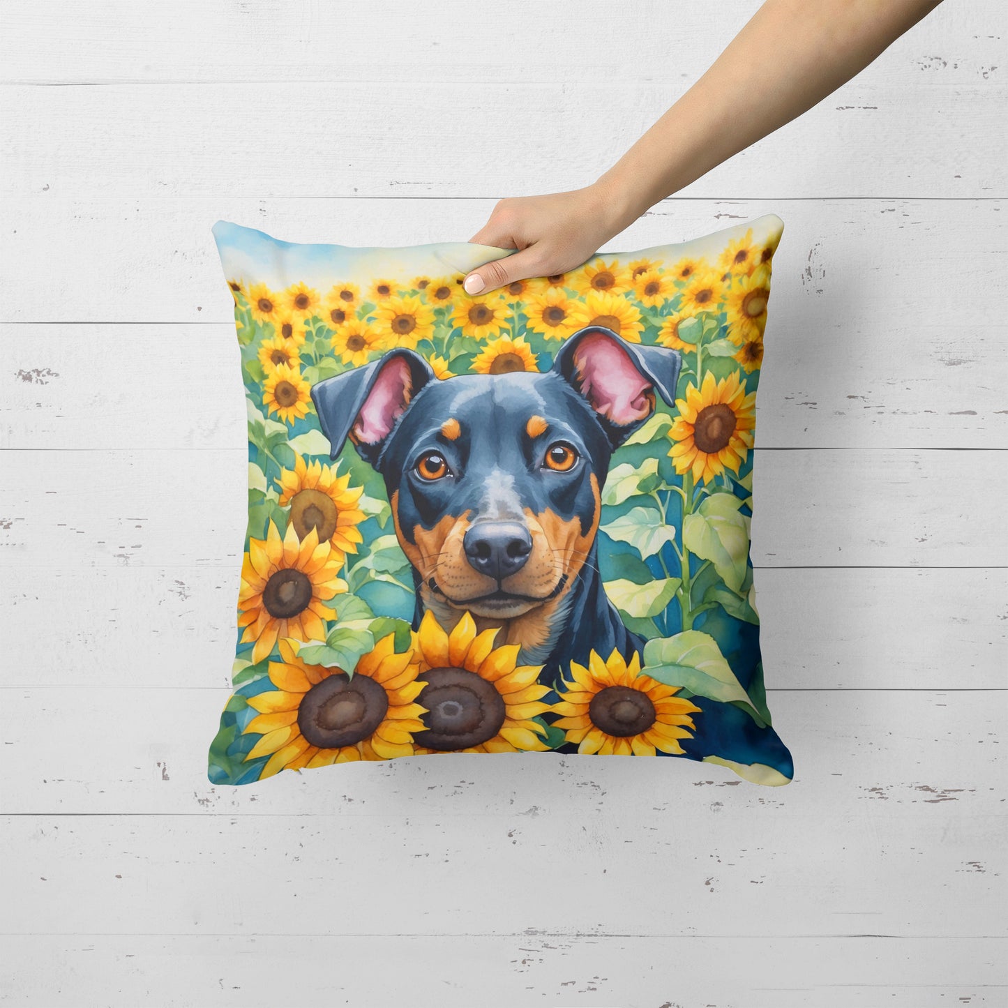 Manchester Terrier in Sunflowers Throw Pillow