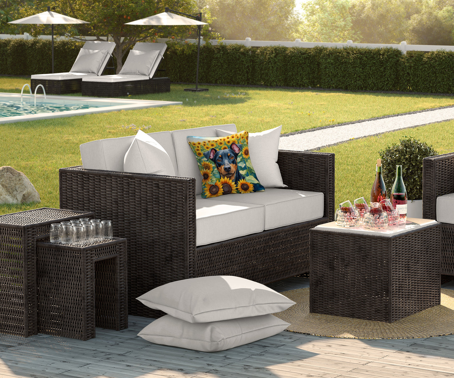 Manchester Terrier in Sunflowers Throw Pillow