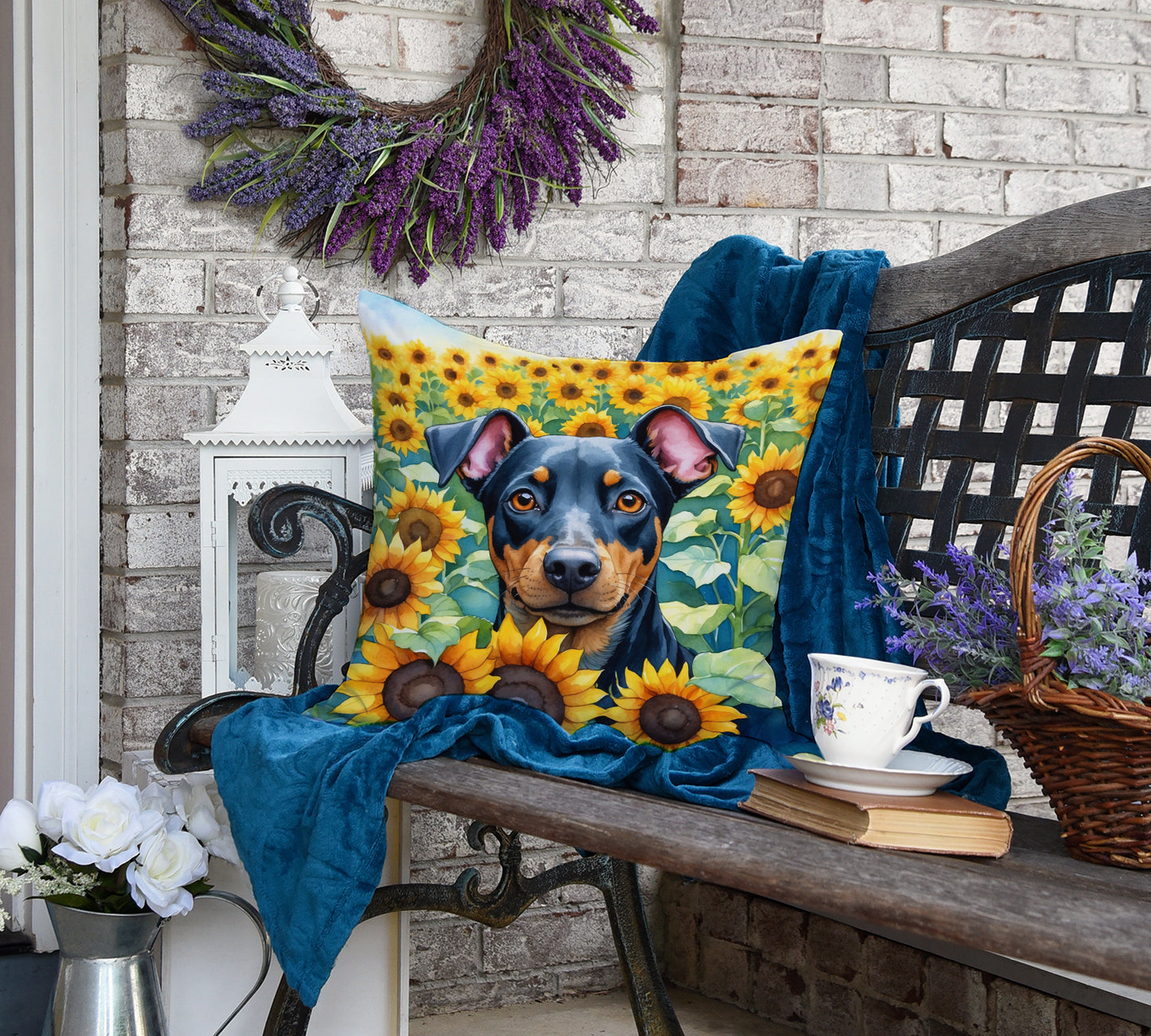 Manchester Terrier in Sunflowers Throw Pillow