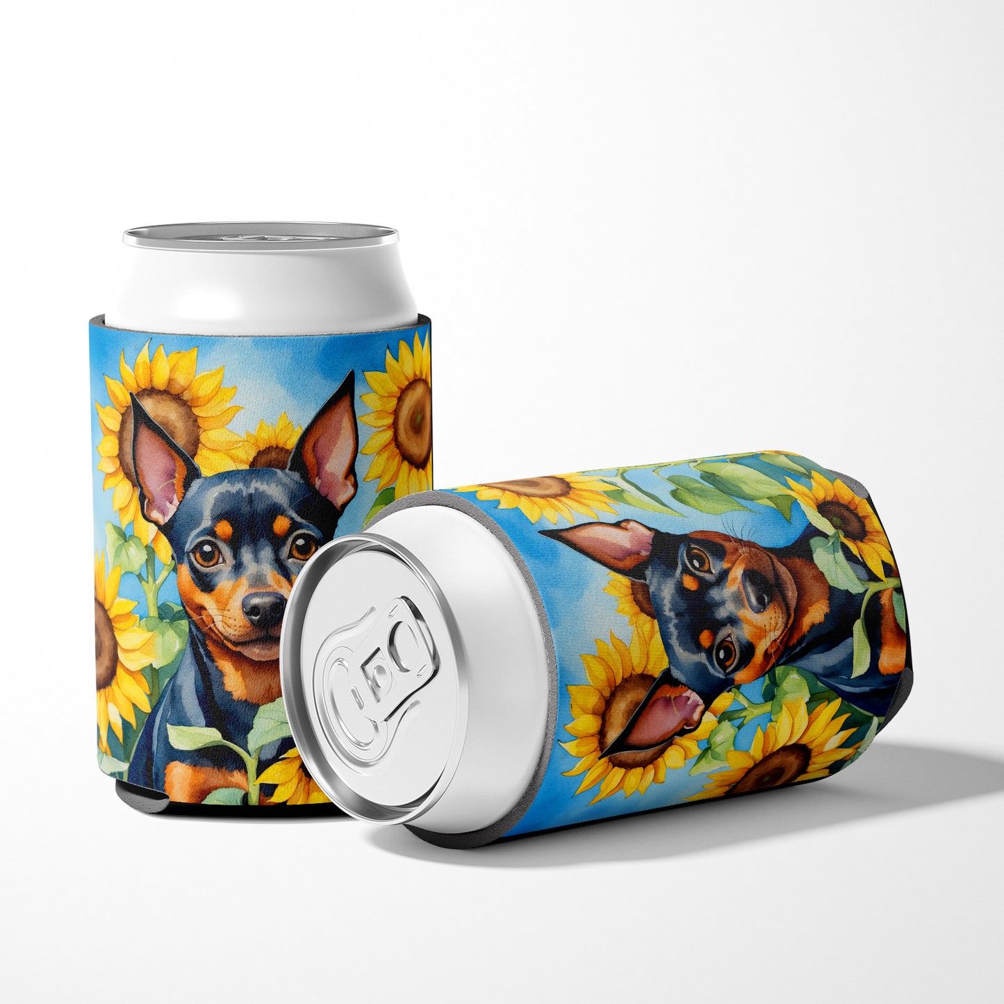 Miniature Pinscher in Sunflowers Can or Bottle Hugger