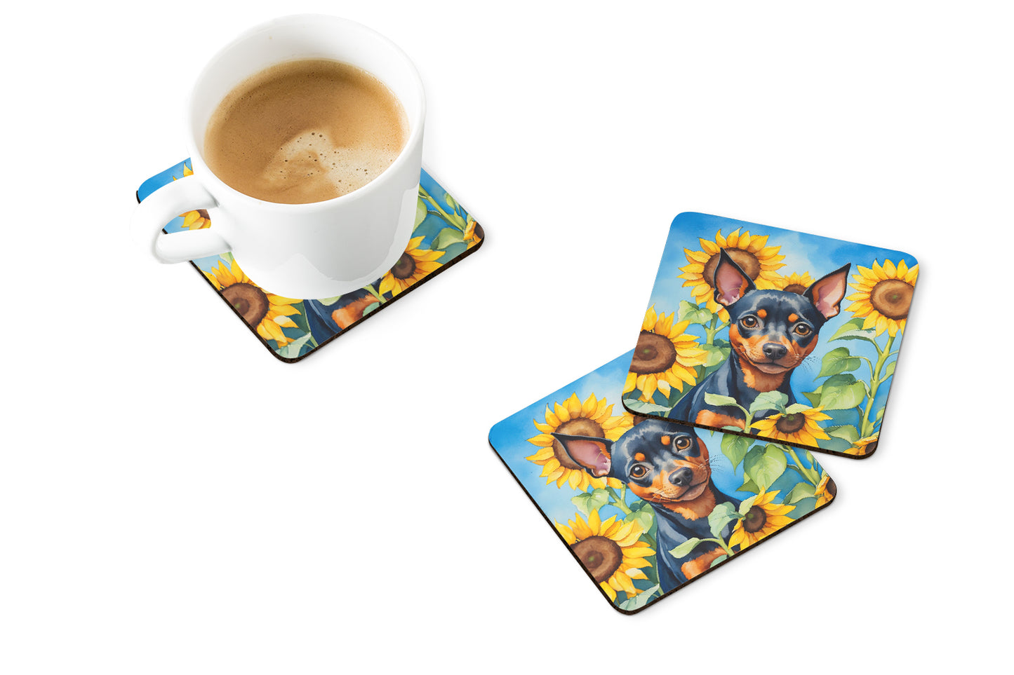 Miniature Pinscher in Sunflowers Foam Coasters