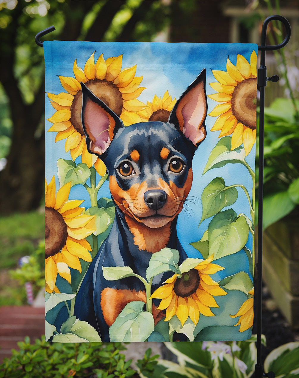 Miniature Pinscher in Sunflowers Garden Flag