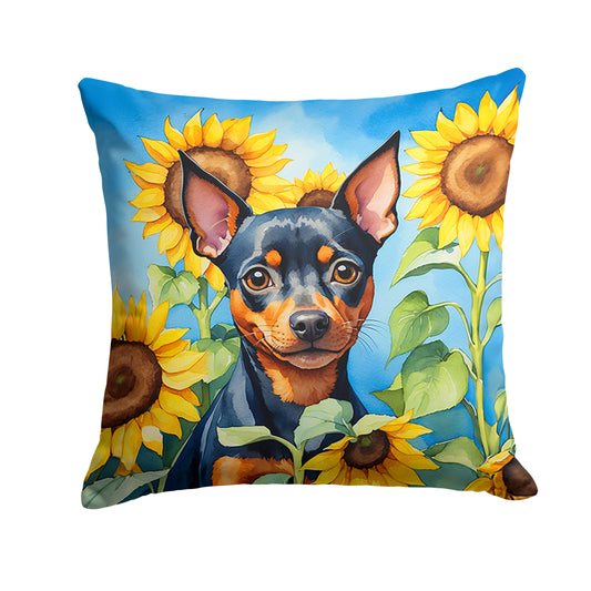 Buy this Miniature Pinscher in Sunflowers Throw Pillow