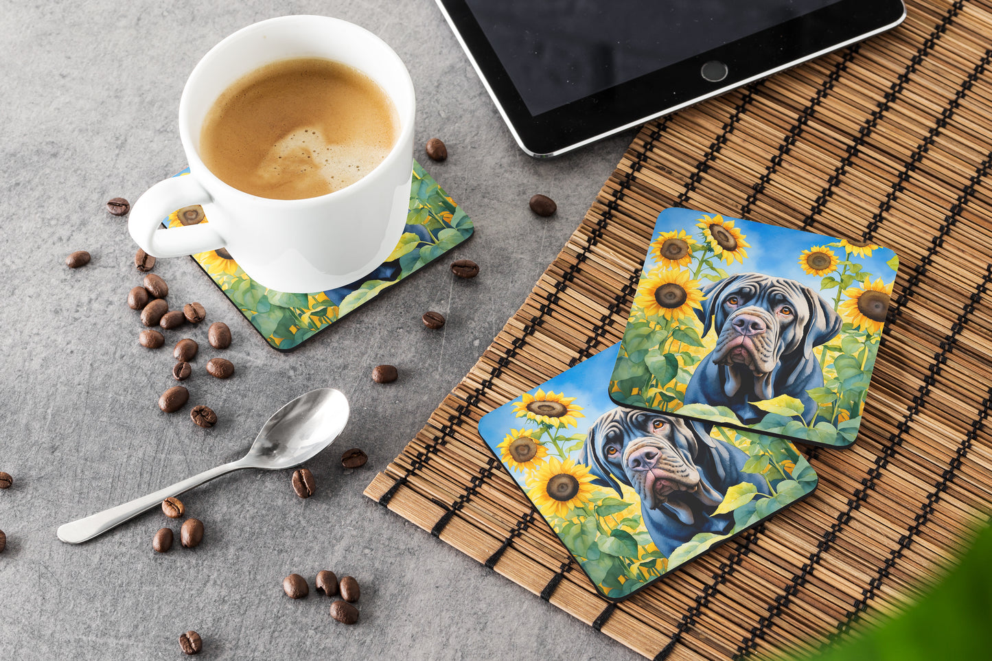 Neapolitan Mastiff in Sunflowers Foam Coasters