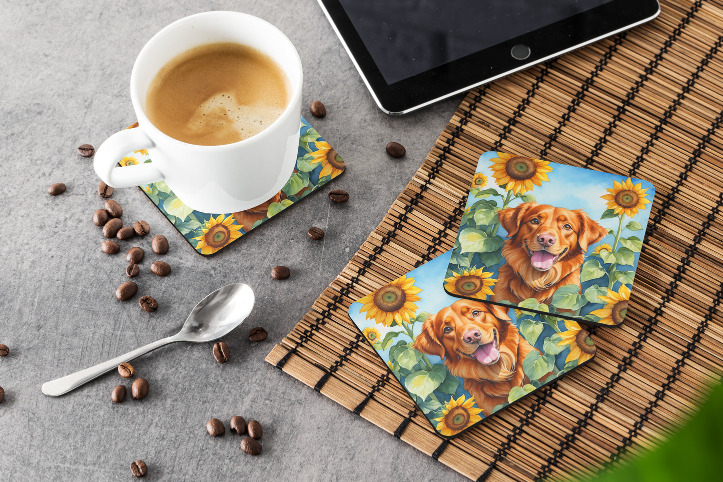 Nova Scotia Duck Toller in Sunflowers Foam Coasters