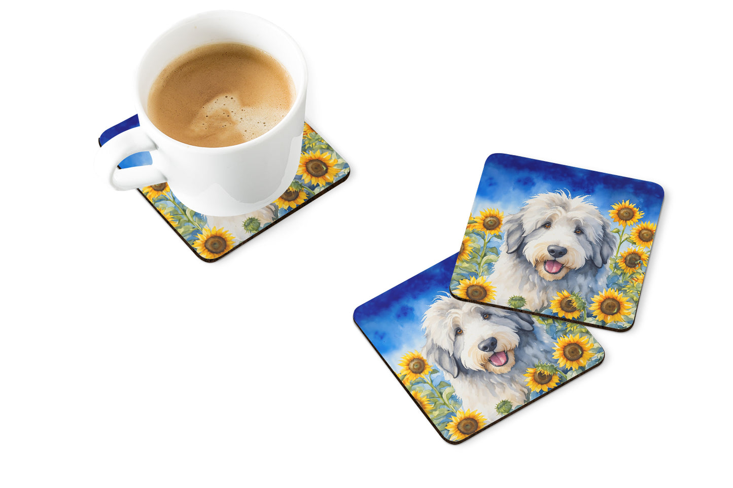 Old English Sheepdog in Sunflowers Foam Coasters